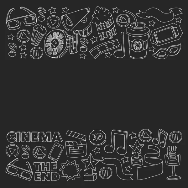 Iconos vectoriales de cine. Fondo con palomitas de maíz, ilustración de películas, notas musicales . — Archivo Imágenes Vectoriales