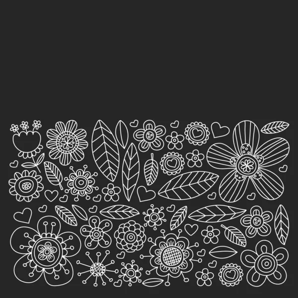 Vector pattern with doodle flowers and leaves — Stock Vector