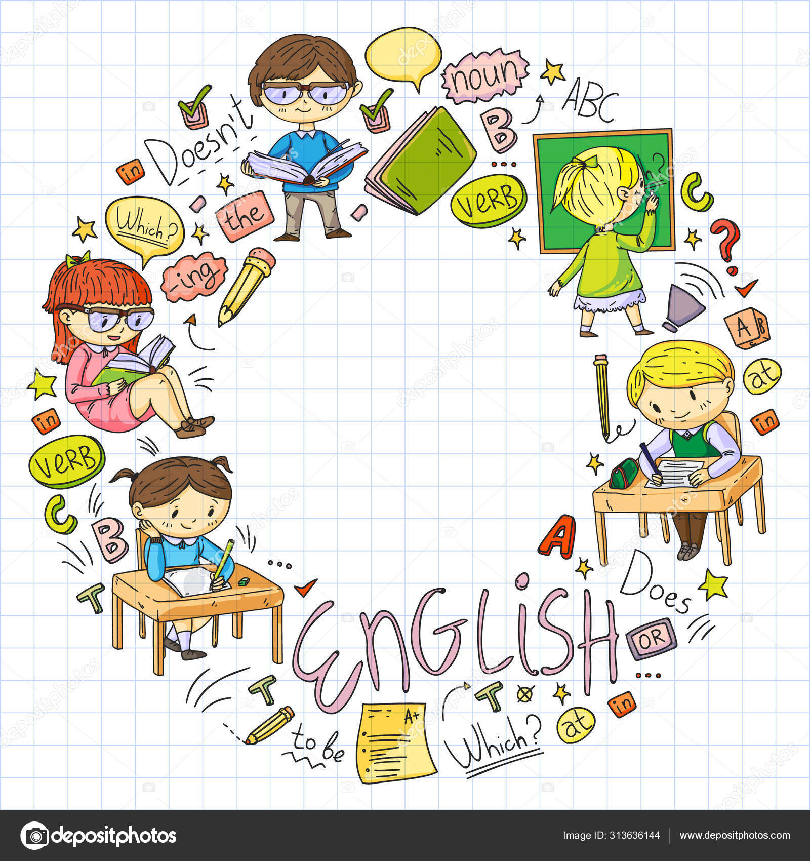 Englische Schule für Kinder. Sprache lernen. Illustration eines