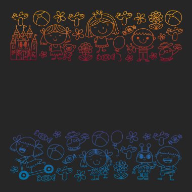 Sevimli küçük çocuklar oynar. Anaokulu, eğitim, spor. Desenler, afişler, posterler için çocuk ve oyuncaklar Simgeleri.