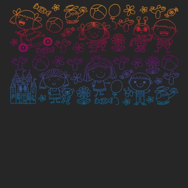 Sevimli küçük çocuklar oynar. Anaokulu, eğitim, spor. Desenler, afişler, posterler için çocuk ve oyuncaklar Simgeleri.