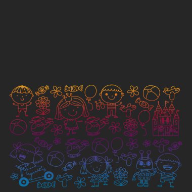 Sevimli küçük çocuklar oynar. Anaokulu, eğitim, spor. Desenler, afişler, posterler için çocuk ve oyuncaklar Simgeleri.