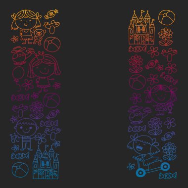 Sevimli küçük çocuklar oynar. Anaokulu, eğitim, spor. Desenler, afişler, posterler için çocuk ve oyuncaklar Simgeleri.