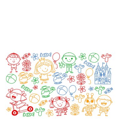 Sevimli küçük çocuklar oynar. Anaokulu, eğitim, spor. Desenler, afişler, posterler için çocuk ve oyuncaklar Simgeleri.