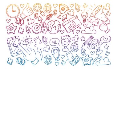 Dijital pazarlama, sosyal medya, iletişim, yönetim. Arka plan afiş için.