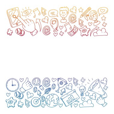 Dijital pazarlama, sosyal medya, iletişim, yönetim. Arka plan afiş için.