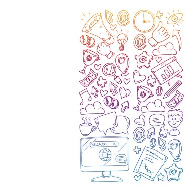 Dijital pazarlama, sosyal medya, iletişim, yönetim. Arka plan afiş için.