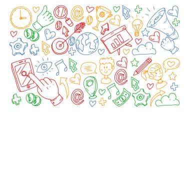 Dijital pazarlama, sosyal medya, iletişim, yönetim. Arka plan afiş için.