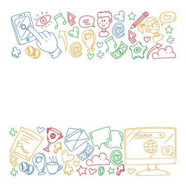 Dijital pazarlama, sosyal medya, iletişim, yönetim. Arka plan afiş için.