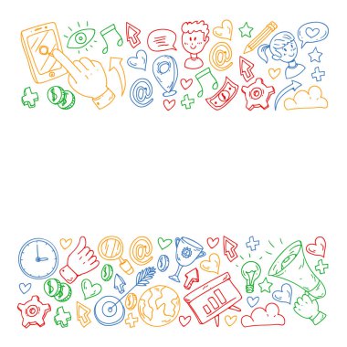 Dijital pazarlama, sosyal medya, iletişim, yönetim. Arka plan afiş için.