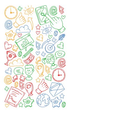 Dijital pazarlama, sosyal medya, iletişim, yönetim. Arka plan afiş için.