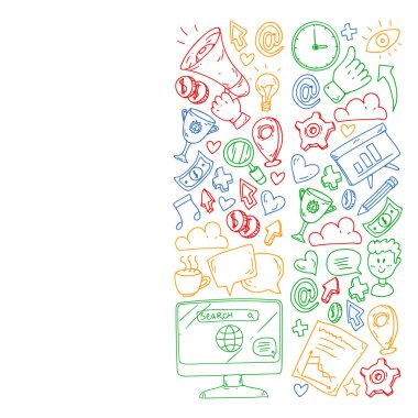 Dijital pazarlama, sosyal medya, iletişim, yönetim. Arka plan afiş için.