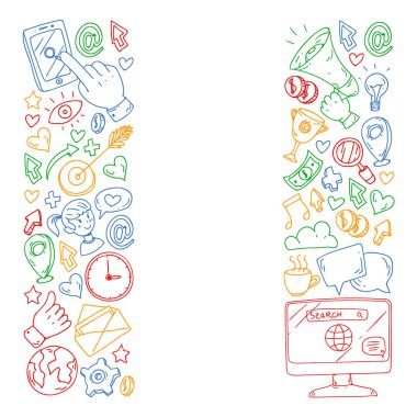 Dijital pazarlama, sosyal medya, iletişim, yönetim. Arka plan afiş için.