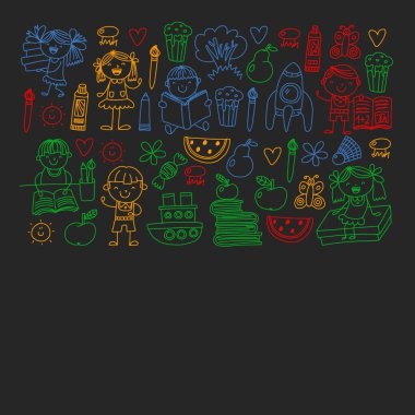 Kitap okuyan çocuklarla vektör deseni. Okul, kütüphane. Afiş ler ve afişler için vektör çizimi