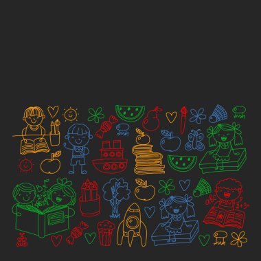 Kitap okuyan çocuklarla vektör deseni. Okul, kütüphane. Afiş ler ve afişler için vektör çizimi