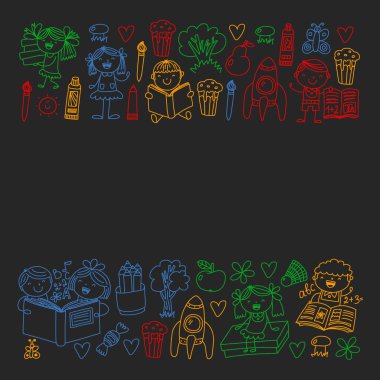 Kitap okuyan çocuklarla vektör deseni. Okul, kütüphane. Afiş ler ve afişler için vektör çizimi