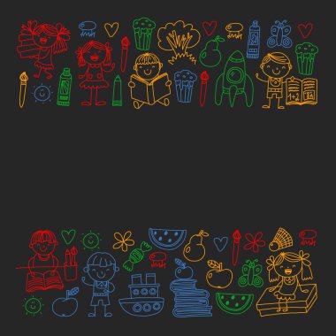 Kitap okuyan çocuklarla vektör deseni. Okul, kütüphane. Afiş ler ve afişler için vektör çizimi