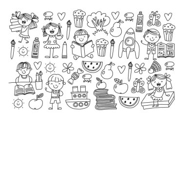 Kitap okuyan çocuklarla vektör deseni. Okul, kütüphane. Afiş ler ve afişler için vektör çizimi