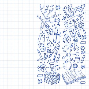 Doodle tarzında öğretmen ve öğrenciler ile uzay doodle desen. Okul, çocuklar. Fen eğitimi, öğrenme.