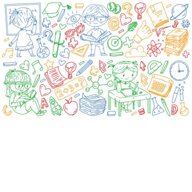 Okula geri dön. Kitap, eğitim unsuru ve küçük öğrencilerle desen. Çocuklar, matematik öğrenen çocuklar, coğrafya, geometri, fizik, kimya