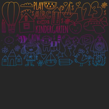 Anaokulu afişleri için vektör deseni, ay, gezegen, uzay gemisi, roket, güneş, meyve, ev, çiçek posterleri. Yaratıcılık ve hayal gücü.