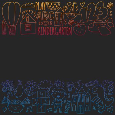 Anaokulu afişleri için vektör deseni, ay, gezegen, uzay gemisi, roket, güneş, meyve, ev, çiçek posterleri. Yaratıcılık ve hayal gücü.