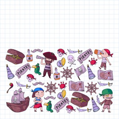 Gemiler, adalar ve fantezi yaratıklar ile Vektör korsan desen. Küçük çocuklar için korsan maceraları. Kağıt, duvar kağıdı, afiş, afiş sarma için desen.