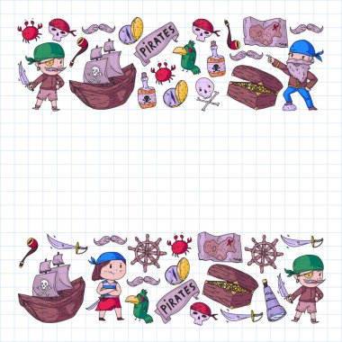 Gemiler, adalar ve fantezi yaratıklar ile Vektör korsan desen. Küçük çocuklar için korsan maceraları. Kağıt, duvar kağıdı, afiş, afiş sarma için desen.