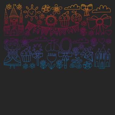 Küçük kızlar için vektör deseni. Mutlu doğum günü partisi için Prenses illüstrasyon. Kara tahta tebeşir illüstrasyon