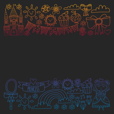 Küçük kızlar için vektör deseni. Mutlu doğum günü partisi için Prenses illüstrasyon. Kara tahta tebeşir illüstrasyon