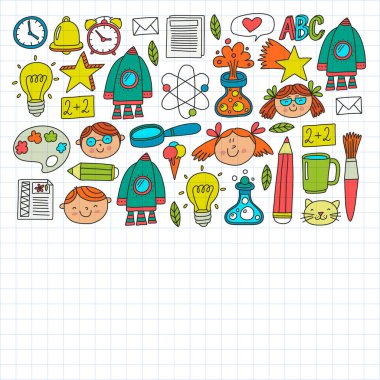 Posterler, afişler, kapaklar için okul simgelerine geri dönen vektör deseni. Çocuklar, çocuk eğitimi.