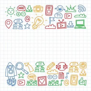 Sosyal medya, yönetim, internet pazarlama simgeleri. İş illüstrasyonlu desen. Başlangıç, dijital pazarlama.