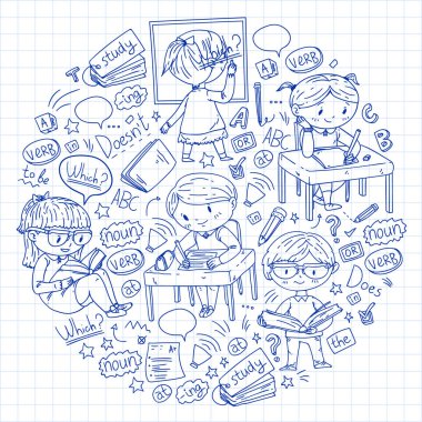 Çocuklar için İngilizce okulu. Dil öğren. Eğitim vektörü illüstrasyonu. Çocuklar karalama tarzı resim çiziyor.