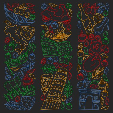 İtalya vektör elemanları ve simgeler. İtalyan kültürü, şehirler Roma, Venedik, Milano, peynir, şarap ile Doodle deseni.