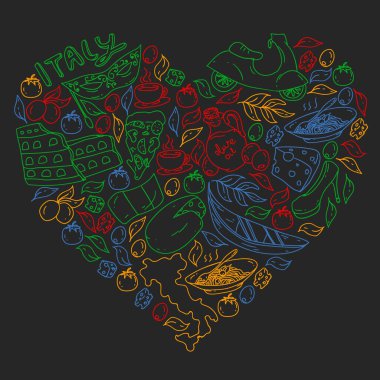 İtalya vektör elemanları ve simgeler. İtalyan kültürü, şehirler Roma, Venedik, Milano, peynir, şarap ile Doodle deseni.