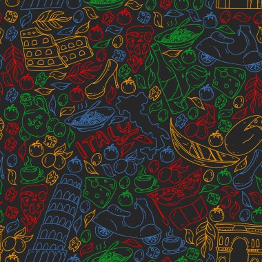 İtalya vektör elemanları ve simgeler. İtalyan kültürü, şehirler Roma, Venedik, Milano, peynir, şarap ile Doodle deseni.