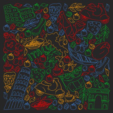 İtalya vektör elemanları ve simgeler. İtalyan kültürü, şehirler Roma, Venedik, Milano, peynir, şarap ile Doodle deseni.
