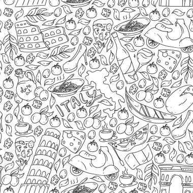 İtalya vektör elemanları ve simgeler. İtalyan kültürü, şehirler Roma, Venedik, Milano, peynir, şarap ile Doodle deseni.