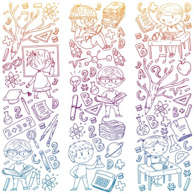Okula dönüyoruz. Küçük çocuklar için vektör simgeleri ve elemanları, kolej. Doodle tarzı, çocuklar çizim