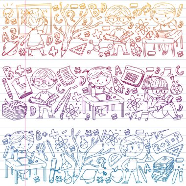 Okula dönüyoruz. Küçük çocuklar için vektör simgeleri ve elemanları, kolej. Doodle tarzı, çocuklar çizim