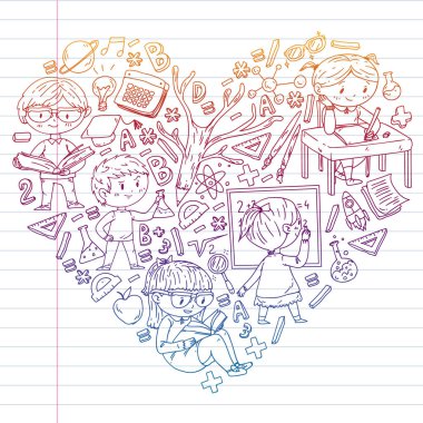 Okula dönüyoruz. Küçük çocuklar için vektör simgeleri ve elemanları, kolej. Doodle tarzı, çocuklar çizim