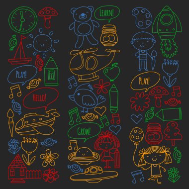 Vektör simgeleri ve öğeleri. Anaokulu, oyuncaklar. Küçük çocuklar oynamak, öğrenmek, birlikte büyümek.