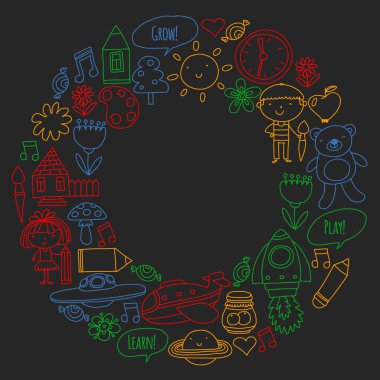 Vektör simgeleri ve öğeleri. Anaokulu, oyuncaklar. Küçük çocuklar oynamak, öğrenmek, birlikte büyümek.