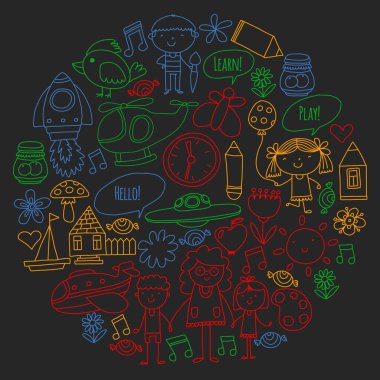 Vektör simgeleri ve öğeleri. Anaokulu, oyuncaklar. Küçük çocuklar oynamak, öğrenmek, birlikte büyümek.