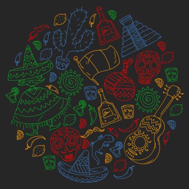 Meksika 'ya seyahat. Vektör duvar kağıtları, arka planlar için etnik elemets ile ayarlayın. Ölü günü