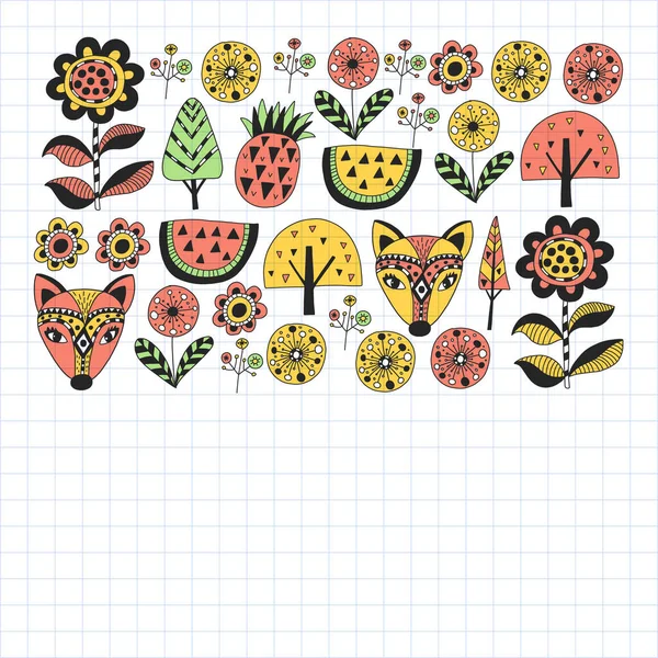 Motif floral avec renard dans un style scandinave — Image vectorielle