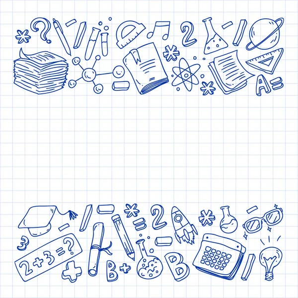 Doodle tarzında öğretmen ve öğrenciler ile uzay doodle desen. Okul, çocuklar. Fen eğitimi, öğrenme. — Stok Vektör