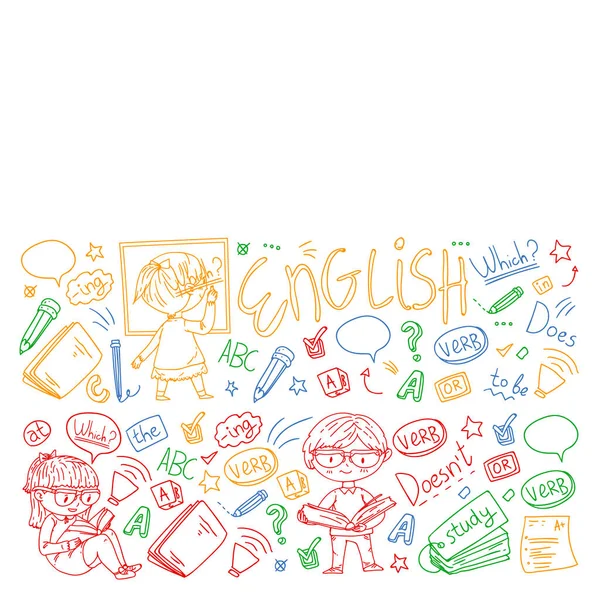 École d'anglais pour enfants. Apprenez la langue. Illustration vectorielle de l'éducation. Enfants dessin image de style doodle . — Image vectorielle