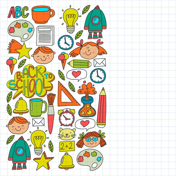Modèle vectoriel avec des icônes de retour à l'école pour affiches, bannières, couvertures. Enfants, éducation des enfants . — Image vectorielle