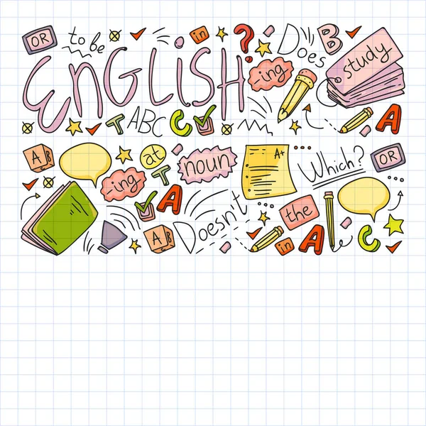 Engelska kurser. Doodle Vector koncept illustration av lärande engelska språket. — Stock vektor